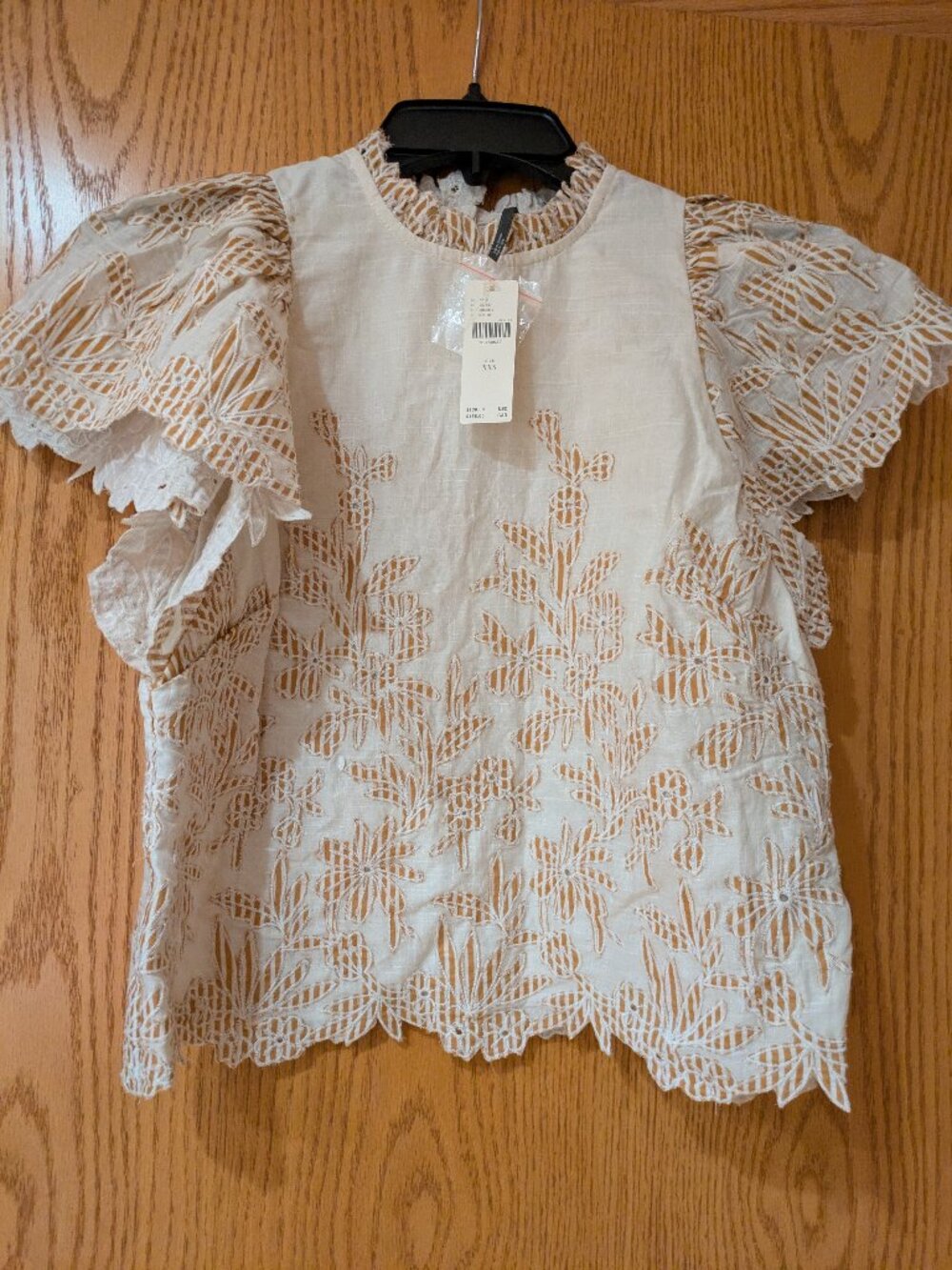 Anthropologie Embroidered Brown Cream Flowered Shirt XXS NWT